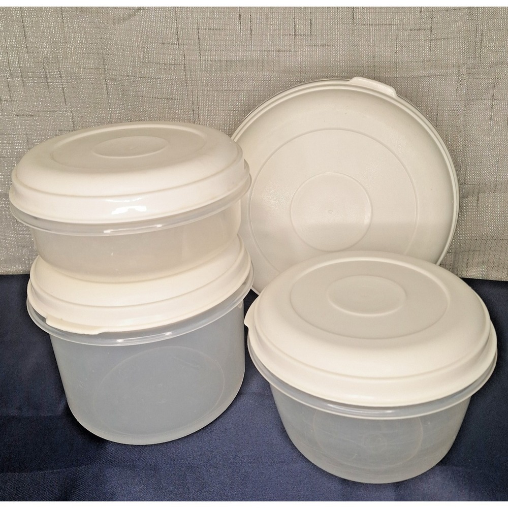 Lot 4 Rubbermaid Servin Saver Round #2 #4 #8 Storage Containers Almond Lids